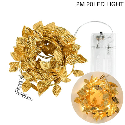2M 20LED Golden Leaves String Fairy Lights For Wedding Birthday Party Decoration Home Garden Artificial Plant Garland Vine Light Beauty World Shop