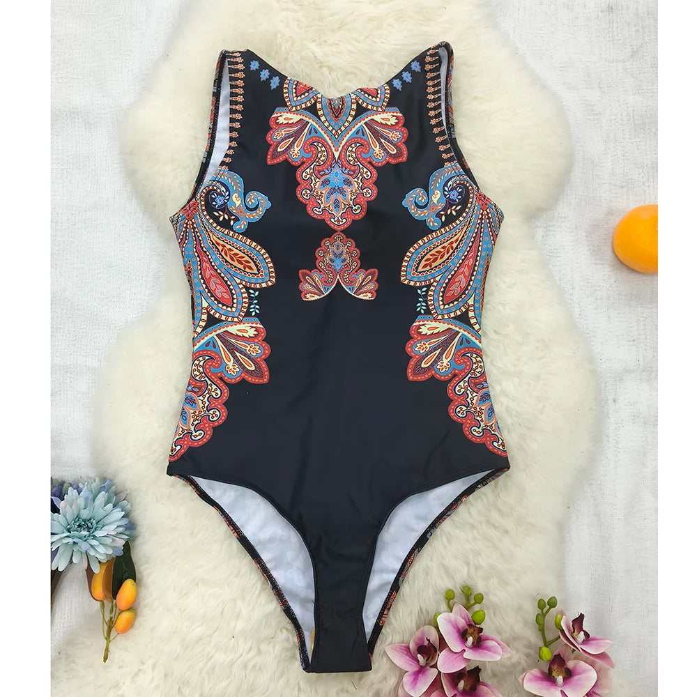 2026 New Printed One-piece Swimsuit Classic Printed Lace Up Swimsuit Women's Push Up Flower One-piece Suit Beach Wear For Female Beauty World Shop
