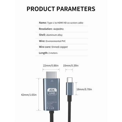 Typec to HDMI 4K 60Hz HD Video Conversion Cable Same Screen Cable TV Computer 2 Meters Braided Screen Projection Cable Packaging Beauty World Shop