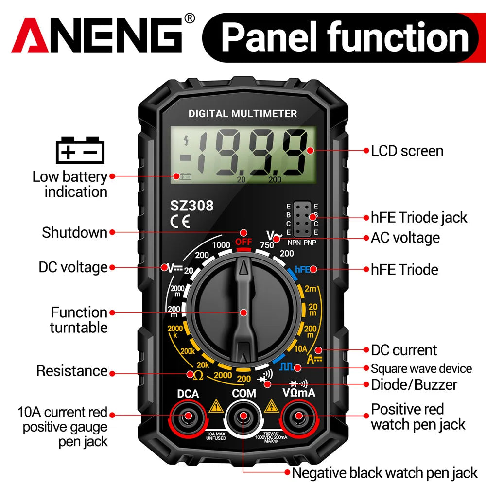ANENG SZ308 1999 Count Digital Multimeter AC/DC High-Precision Multi-function Voltage Current Resistance Multimeter Tester Tools Beauty World Shop