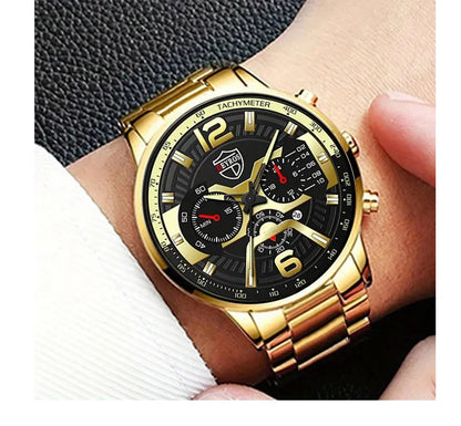 5PCS Set DEYROS Fashion Mens Calendar Watches Men Business Stainless Steel Quartz Wristwatch Male Casual Necklace Bracelet Watch Beauty World Shop