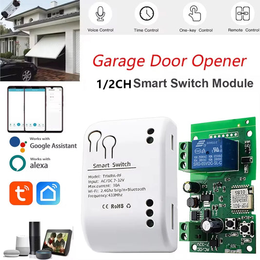 Tuya WIFI Smart Garage Gate Electric Door Access Motor Switch DC 12V 24V 32V AC 220V 1/2CH Pulse Relay Module RF433 Remote Alexa Beauty World Shop