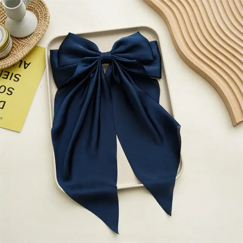 Korean Accessories Hair Clips for Women Girls Big Bowknot Solid Satin Long Ribbon Bows Spring Clamp Barette Cheveux Femme 2023 Beauty World Shop
