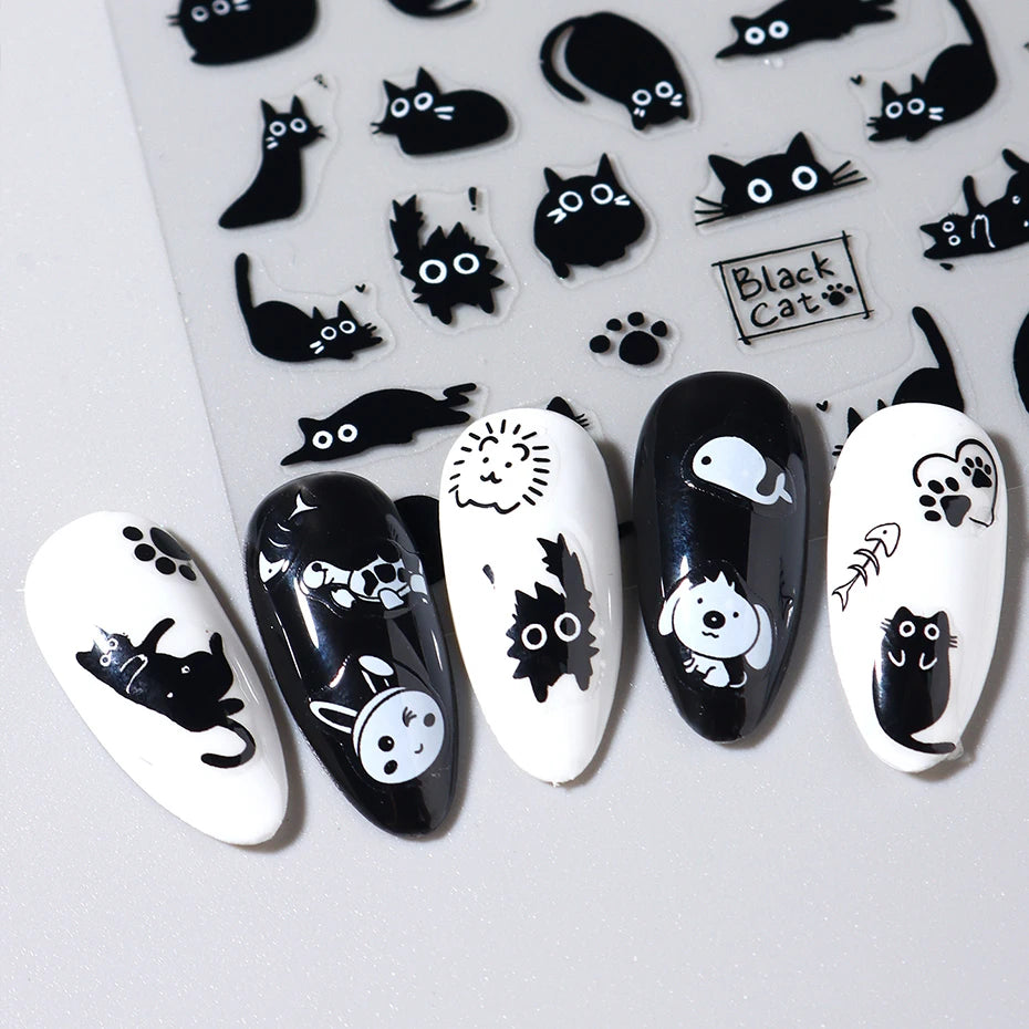 2pcs Black Cat Nail Stickers 3D Cute Cartoon Animal 3D Self-Adhesive Nail Art Decals Sliders Decorations Manicure Accessories Beauty World Shop