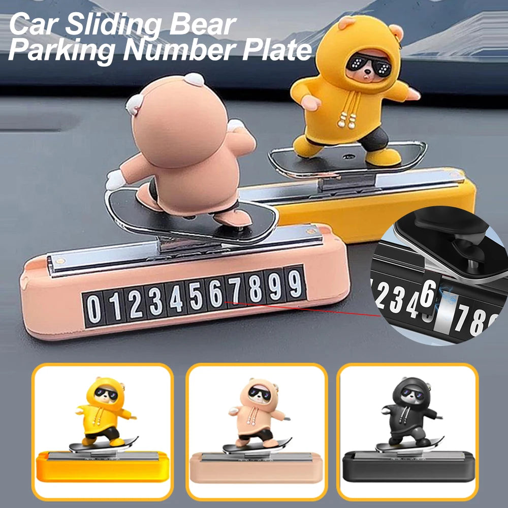 New Dashboard Car Decorations Skateboard Bear Magnetic Parking Number Plate Creative Car Cartoon Interior Interior Accessories Beauty World Shop