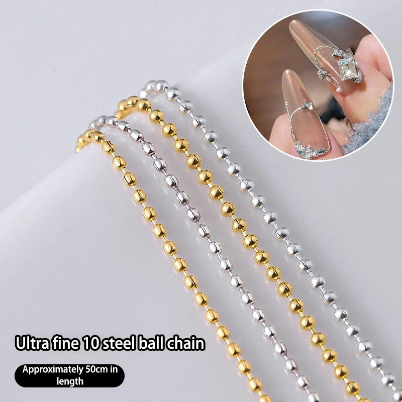 50cm 0.8mm Gold Silver Nail Bead Chain Charm Ellipse Stone Nail Art Decorations Giltter Metal Steel Ball Jewelry Accessory Beauty World Shop