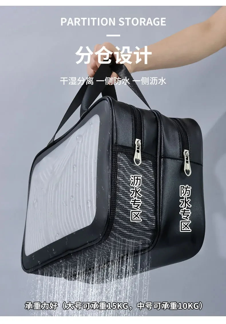 Dry-wet separation double transparent PU makeup bag portable washing bag cosmetic storage bag travel fitness swimming essentials Beauty World Shop