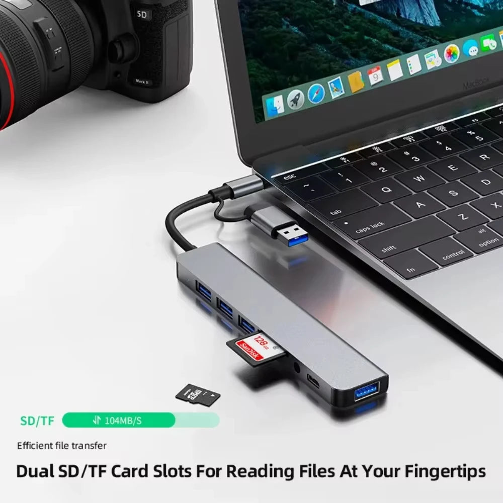 8 In 2 USB HUB With Splitter Card Reader, USB C Port, USB 3.0 / 2.0, SD/TF Splitter Card Reader, Docking Station Beauty World Shop