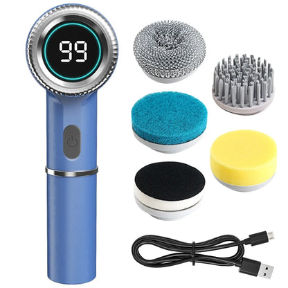 Electric Cleaning Brush LED Display with 5 Replaceable Brush Heads 3-speed Adjustable Cleaning Tool For Kitchen Bathroom