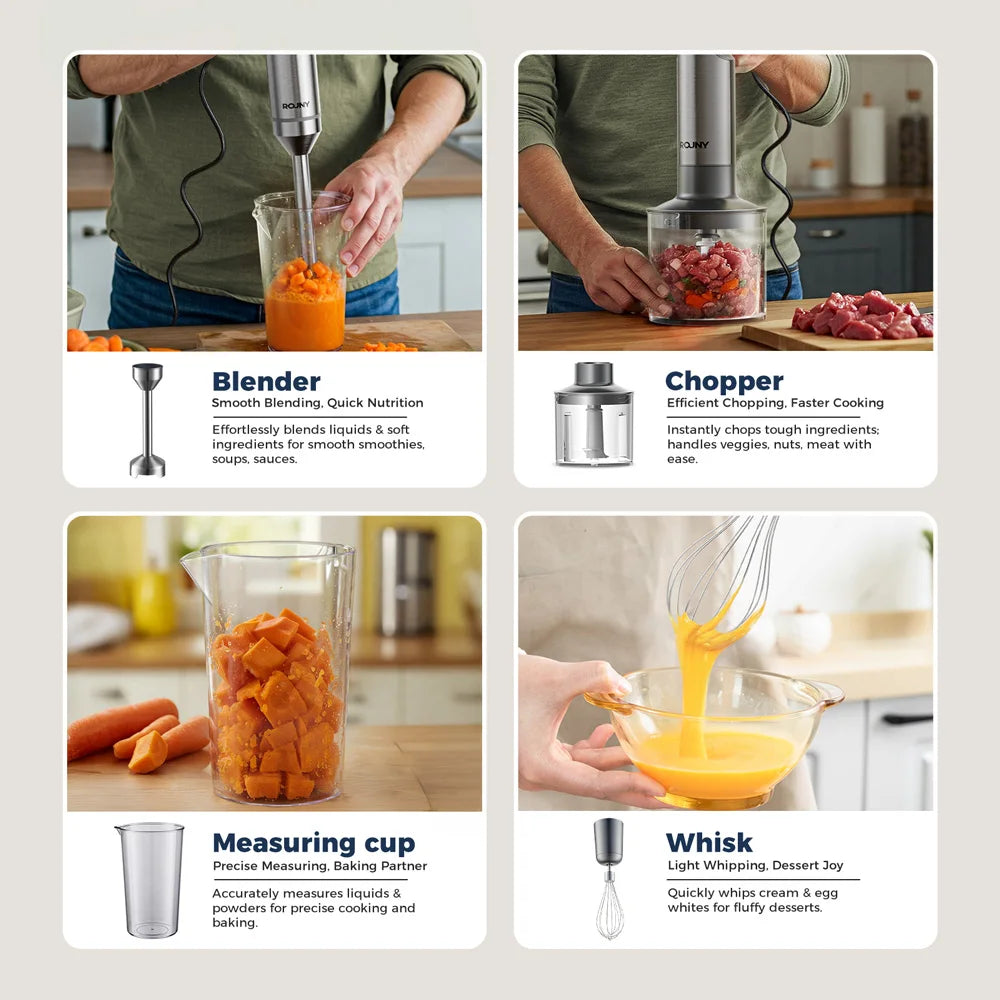 ROUNY 4-in-1 Hand Immersion Blender 1000W Powerful, Stainless Steel Stick Food Mixer,700ml Mixing Beaker,500ml Processor, Whisk Beauty World Shop