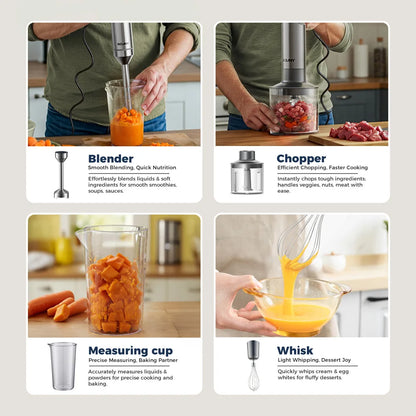 ROUNY 4-in-1 Hand Immersion Blender 1000W Powerful, Stainless Steel Stick Food Mixer,700ml Mixing Beaker,500ml Processor, Whisk Beauty World Shop