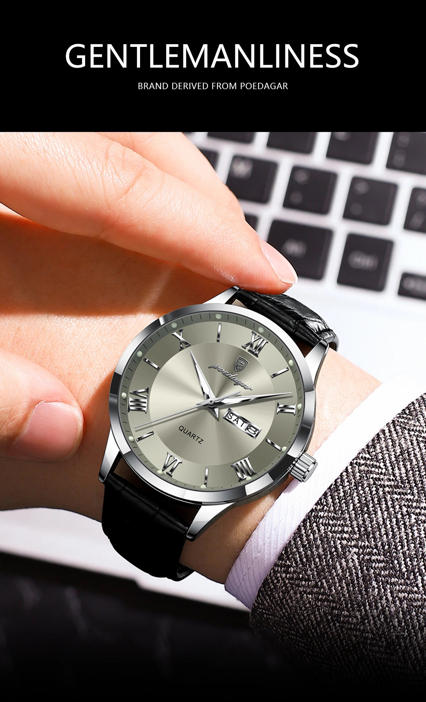 POEDAGAR Business Brand Men Clock Waterproof Luminous Date Week Fashion Man Wristwatch Leather Luxury Men's Quartz Watches Reloj Beauty World Shop