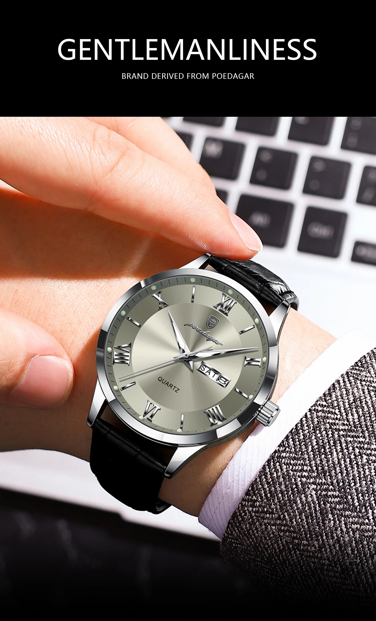 POEDAGAR Business Brand Men Clock Waterproof Luminous Date Week Fashion Man Wristwatch Leather Luxury Men's Quartz Watches Reloj Beauty World Shop