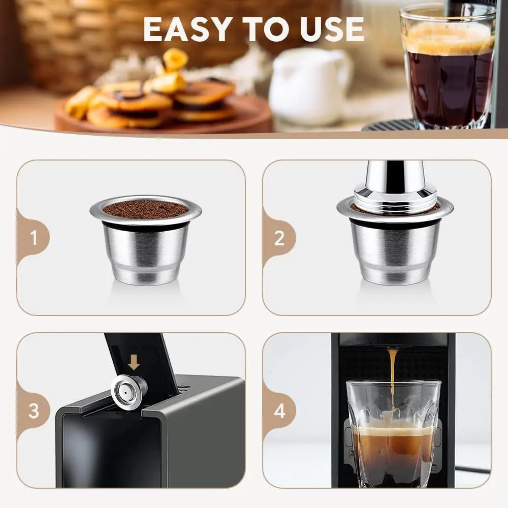 Reusable Coffee Capsule For Nespresso Espresso Crema Cups Stainless Steel Refillable Coffee Pods Filters With Tamper Dosing Ring Beauty World Shop