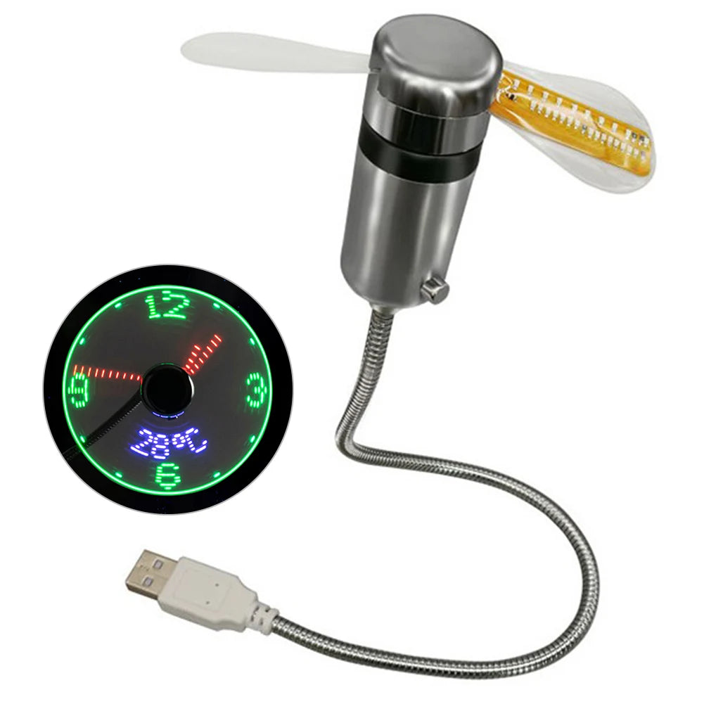 Portable Clock Fan RGB LED Night light 5V USB Hand Fan Real Time Temperature Display Metal Mini Fan for PC Laptop Desktop Cooler Beauty World Shop