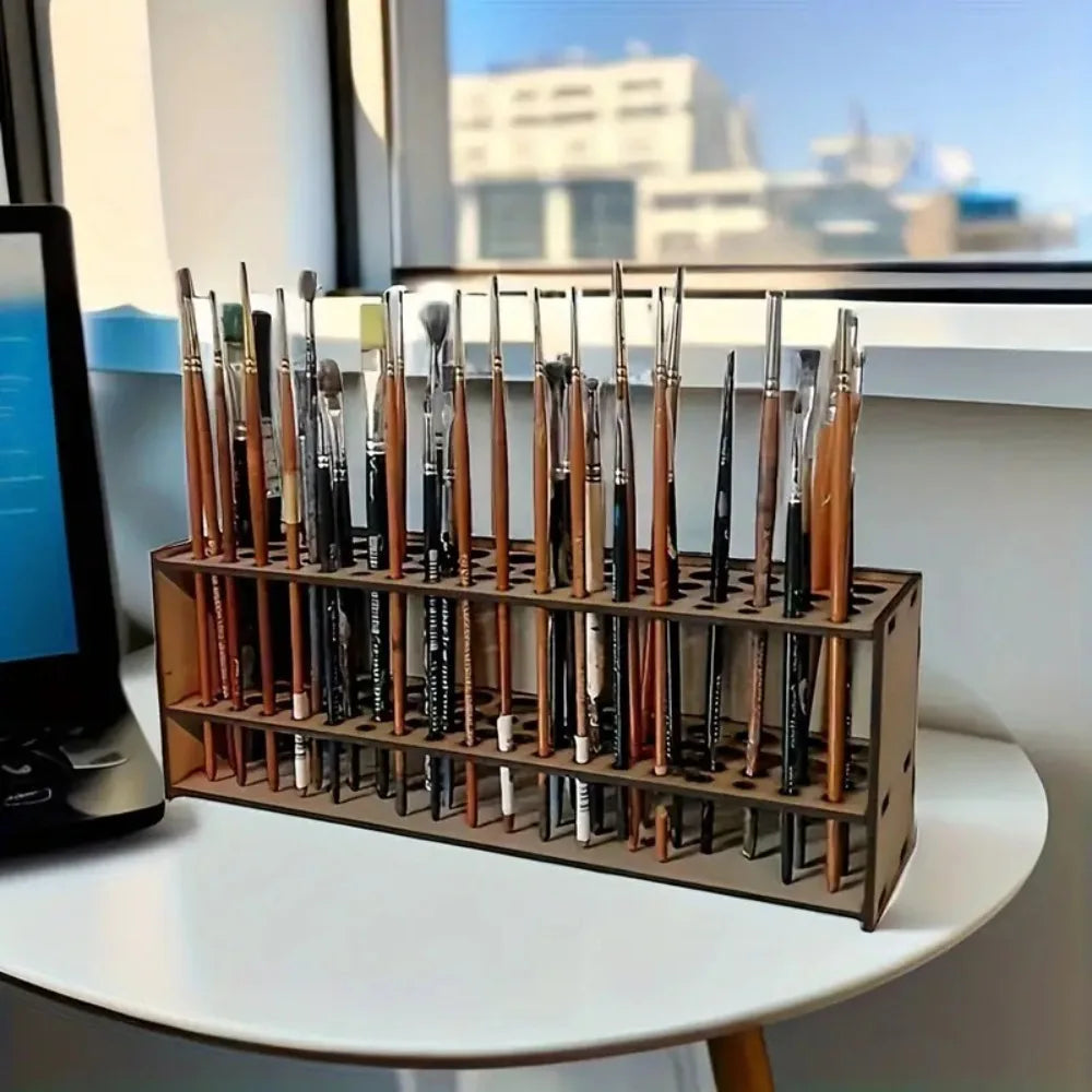 Wooden Brush Holder 67-Slot Premium Double-layer Durable Artist Desk Organizer Pencil Paint Brushes Storage Art Craft Beauty World Shop