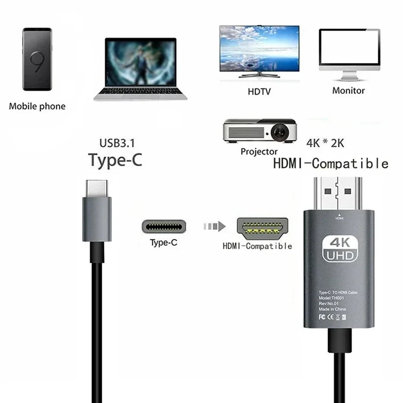Typec to HDMI 4K 60Hz HD Video Conversion Cable Same Screen Cable TV Computer 2 Meters Braided Screen Projection Cable Packaging Beauty World Shop