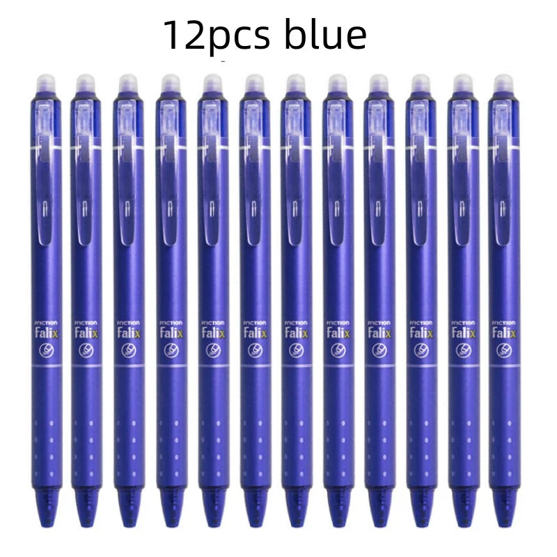 12pcs Press Type Erasable Gel Pens 0.5mm Black/Blue Ink Bullet Washable Handle Magic Refills Rod Super Capacity Ink Writing Beauty World Shop