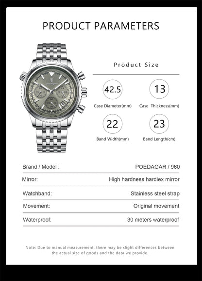 POEDAGAR Luxury Fashion Men Watch Stainless Steel Waterproof Luminous Quartz Male Clock Date Chronograph Military Men's Watches Beauty World Shop