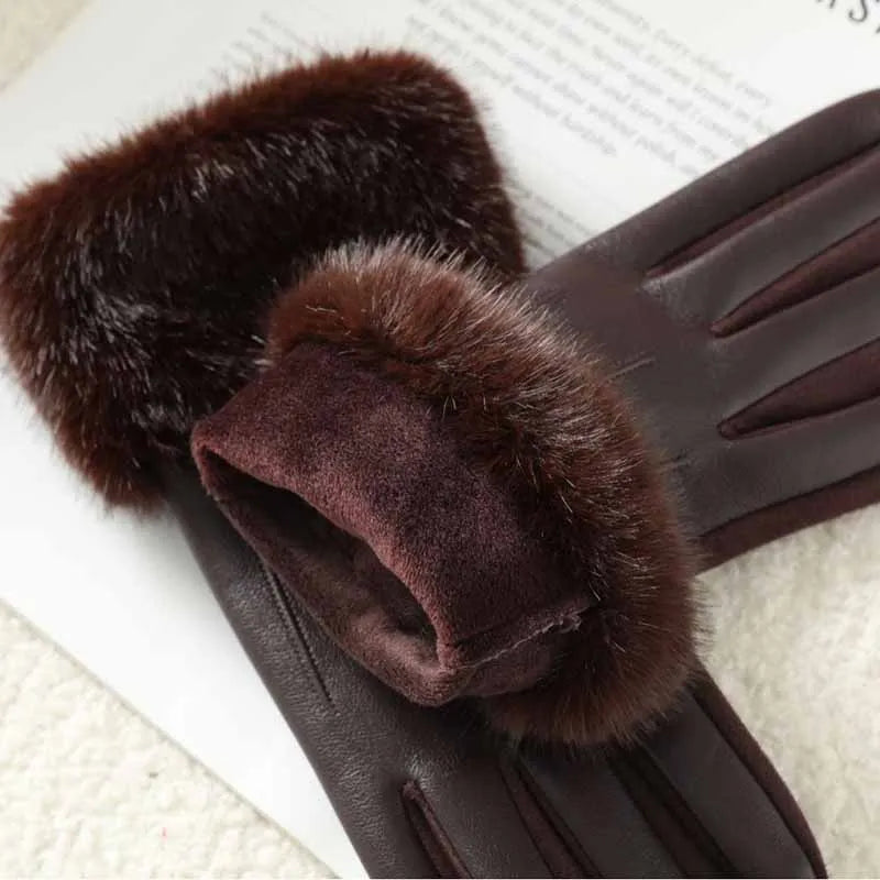 Winter Luxury Women's PU Leather Gloves Wrist Soft Faux Fur Trim Cuff Fashion Elegant Party Warm Touch Screen Drive Cycling Beauty World Shop