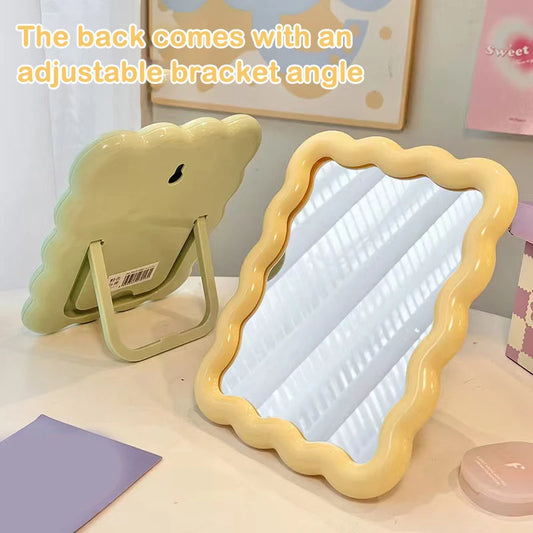 Corrugated Desktop Makeup Mirror Solid Color Simple Portable Handheld Makeup Mirror Foldable Student Compact Cute Mirror Beauty World Shop