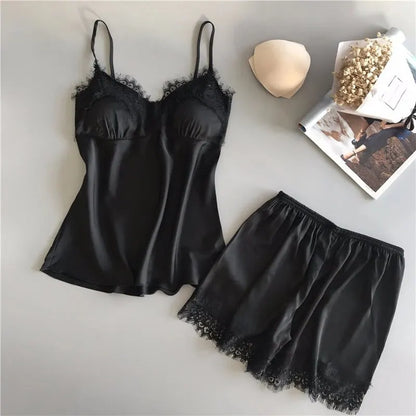 Women Pajama Suit Fashion V-Neck Lace Sexy Lingerie Pyjamas Sleep Shorts Set Sleepwear New Beauty World Shop