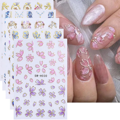 5pcs Metallic Gold Line Flower Nail Stickers 3D Bronzing Border Petals Sakura Leaf Nail Decals Slider DIY Elegant Manicure Decor Beauty World Shop