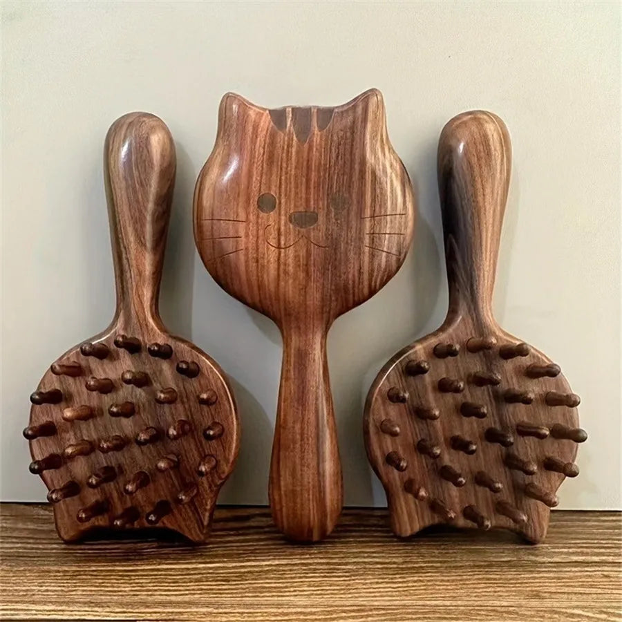 Charming Kitten Shape Solid Wood Massage Comb - Women's Air Cushion Scalp & Meridian Relief Beauty World Shop