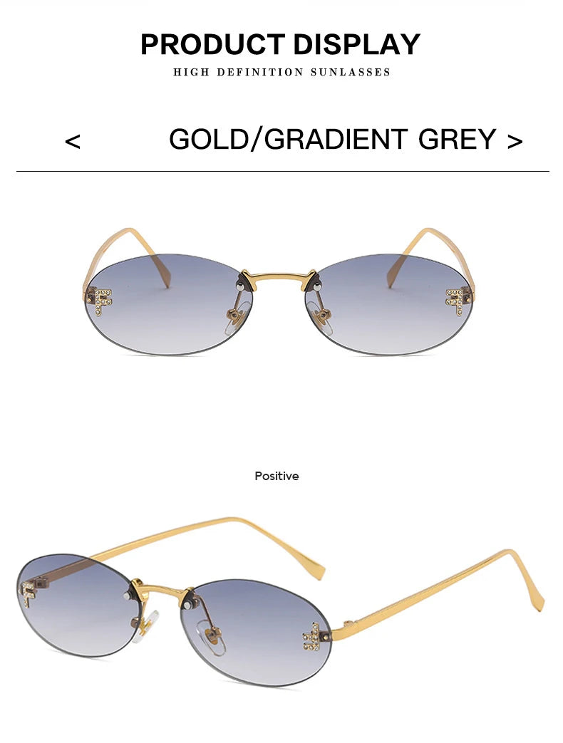Fashion Rimless Sunglasses Women UV400 Oval Elegant Diamond F Sun Glasses Retro Eyewear Beauty World Shop