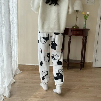2024 Sanrio Hello Kitty Pajamas Halloween Flannel Fashion Trouserswomen Kawaii Woolen Anime Cartoon Casual Home Pants Autumn Beauty Fashion