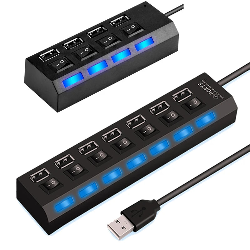 High Speed 4/7 Ports USB HUB 2.0 Adapter Expander Multi USB Splitter Multiple Extender with LED Lamp Switch for PC Laptop Beauty World Shop