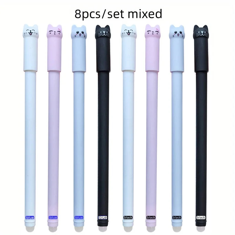 4/8/12pcs Creative Cat Erasable Gel Pens Set 0.5mm Washable Handle Magical Blue/Black Ink Erasable Refills Rod Writing Stationer Beauty World Shop