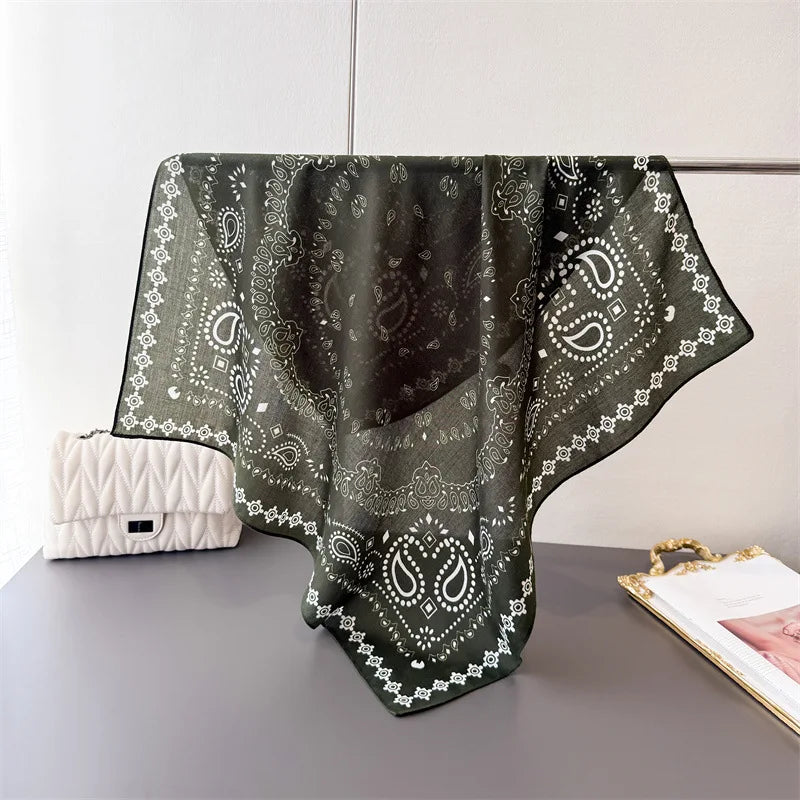 68cm Green Cashew Printed Scarf Women's Spring and Summer Thin Imitation Silk Scarf Fashion Versatile Shawl Headscarf Scarfs Beauty World Shop