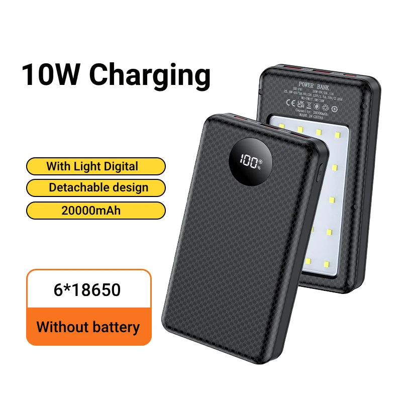 Dual USB Type C Power Bank Shell 5V DIY Shell 18650 Holder Cases Detachable Battery Charge Storage Box With camping lights