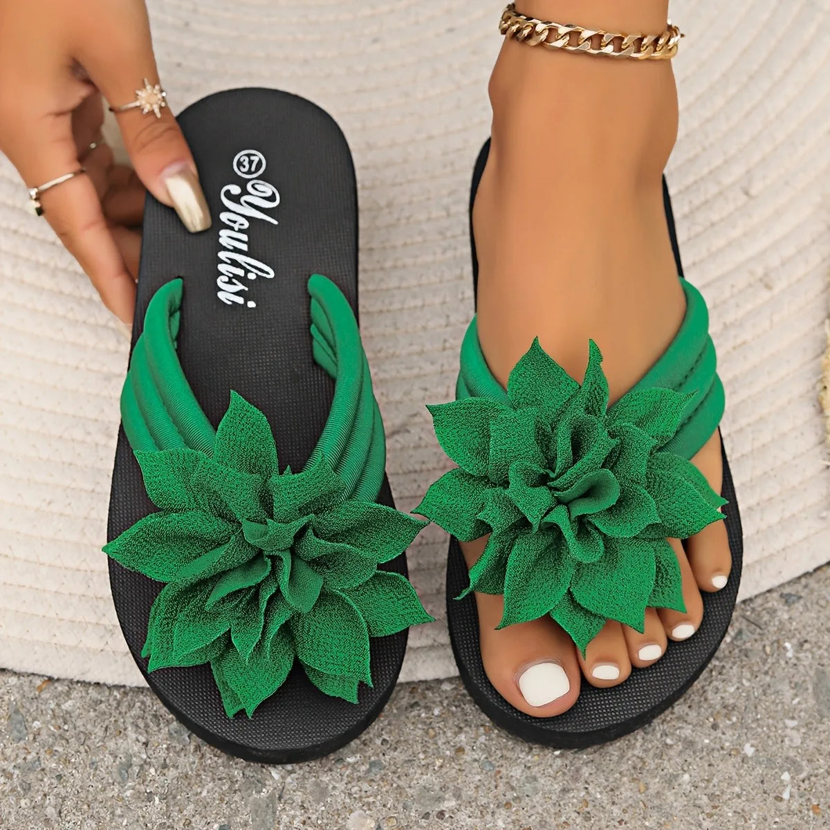 Women's Floral Flip Flops SlipOn Vacation Style Mid Heel Sandals Fabric Upper EVA Sole Insole Solid Color Summer Casual Footwear Beauty World Shop