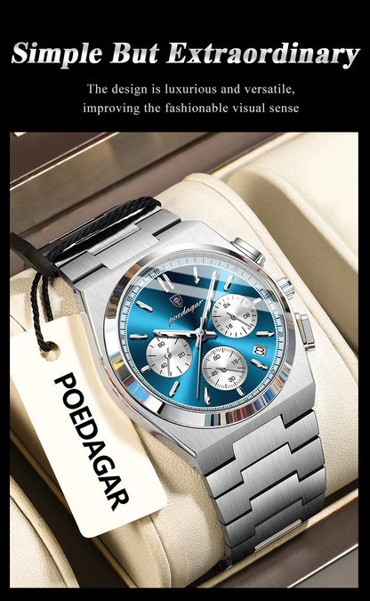 POEDAGAR Fashion Man Watches Chronograph Date Stainless Steel Casual Men Wristwatch Waterproof Luminous Men's Quartz Watch Reloj Beauty World Shop