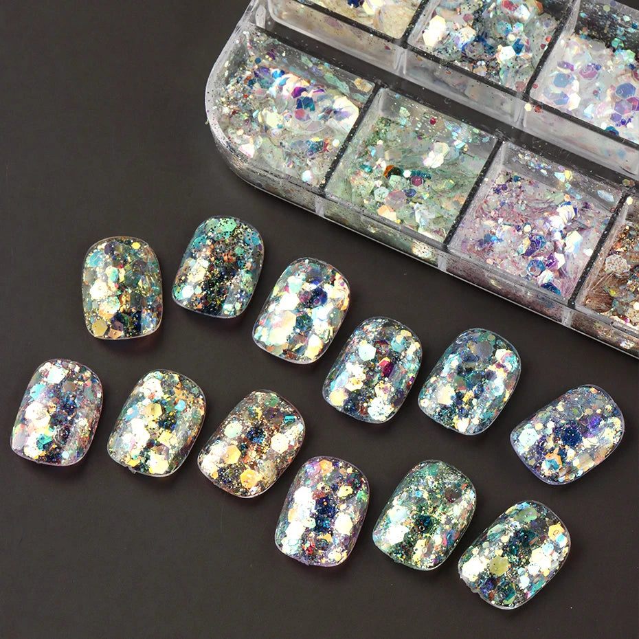 12 Grids Shimmery Mermaid Hexagon Nail Art Glitter Sequins Holographic Mirror Nail Powder Flakes Nail Charms Decoration Manicure Beauty World Shop