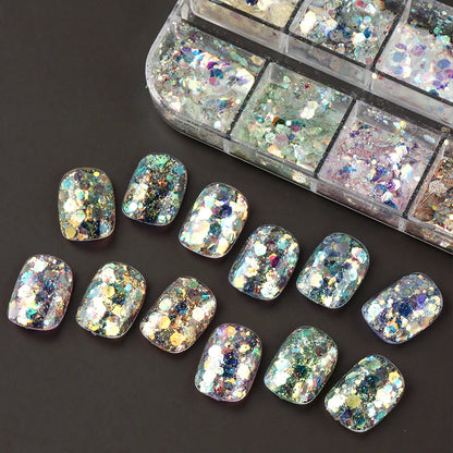 12 Grids Shimmery Mermaid Hexagon Nail Art Glitter Sequins Holographic Mirror Nail Powder Flakes Nail Charms Decoration Manicure Beauty World Shop