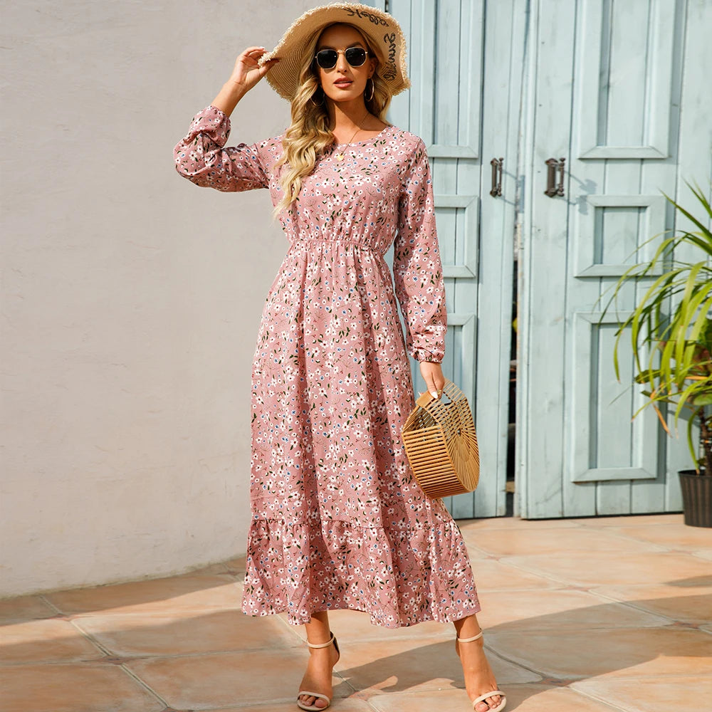 2023 Sping Summer Bohemian Women Maxi Dress Casual Long Sleeve High Waist Beach Woman Chiffon Dresses Floral Vestidoes Mujer New Beauty World Shop