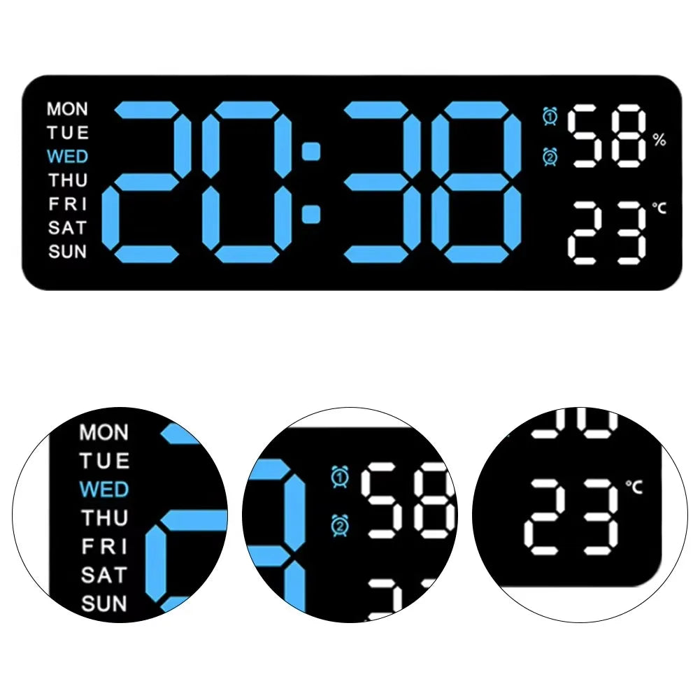 9 Inch Large Digital Wall Clock USB Powered TEMP Humidity Week Auto Dimmer DST Table Clock 12/24H Electronic LED Alarm Clock Beauty World Shop
