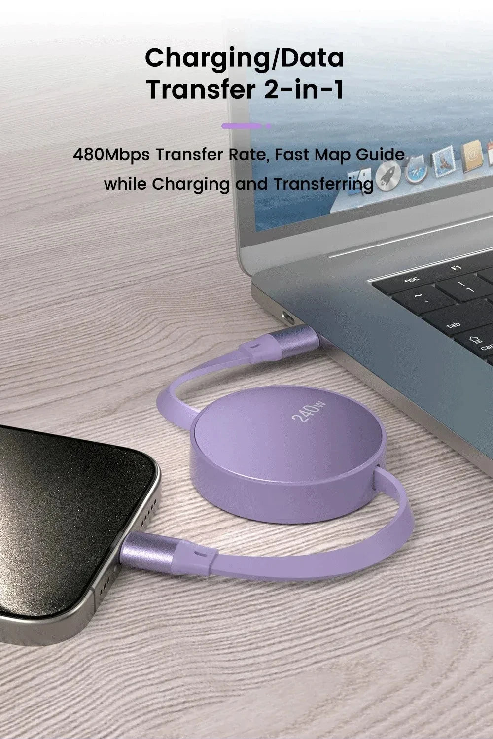 USB-C to USB-C Retractable PD240W Fast Charging Type-C Data Cable 1M Mobile Phone Charging Wire for iPhone 15/16 Xiaomi Samsung Beauty World Shop