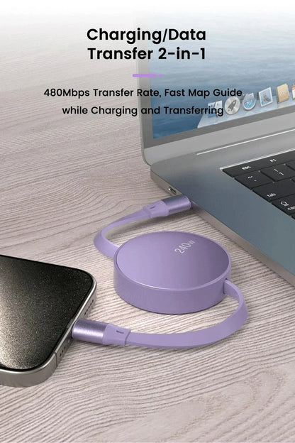 USB-C to USB-C Retractable PD240W Fast Charging Type-C Data Cable 1M Mobile Phone Charging Wire for iPhone 15/16 Xiaomi Samsung Beauty World Shop