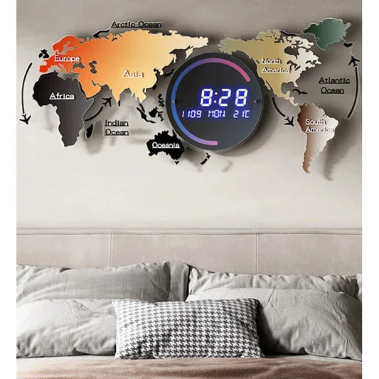 # 74x34cm Wall Decorative Acrylic Digital Wall Clocks Creative World Map Shape Smart Led Clock With Calendar # Home Accessories Store