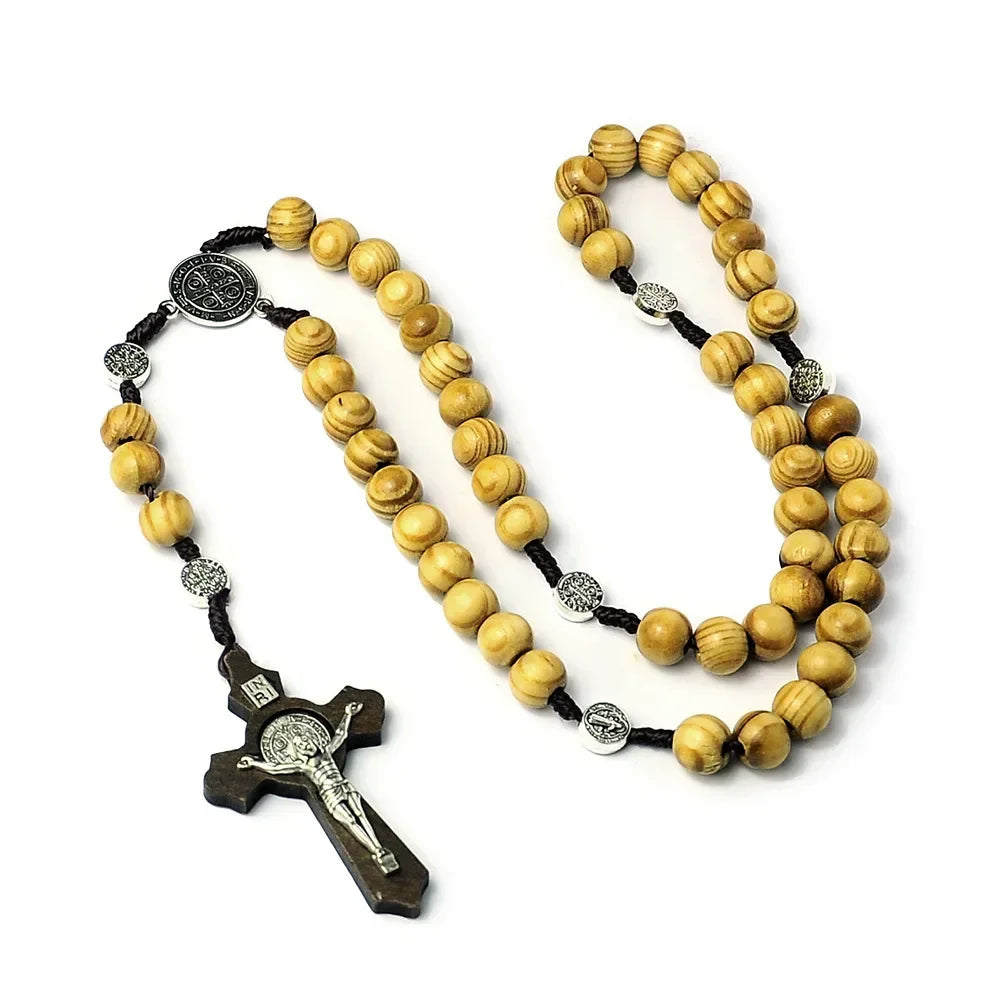 Catholic Wood Beaded Rosary Necklaces For Women Christian INRI Crucifix Cross Pendant Long Chain Men Religion Prayer Jewelry Beauty Trend Shop