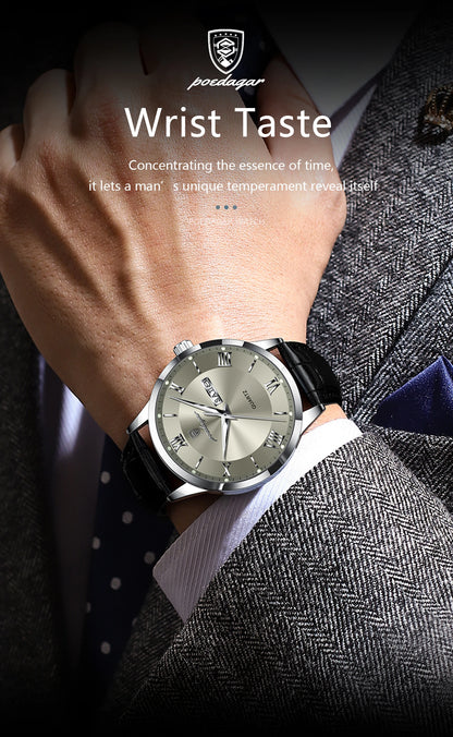 POEDAGAR Business Brand Men Clock Waterproof Luminous Date Week Fashion Man Wristwatch Leather Luxury Men's Quartz Watches Reloj Beauty World Shop