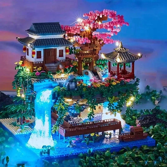 MOC Peach Blossom Pool Cherry Tree House Building Block Chinese Architecture DIY Bricks Cherry Blossom Toy for Kids Adult Gift Beauty World Shop