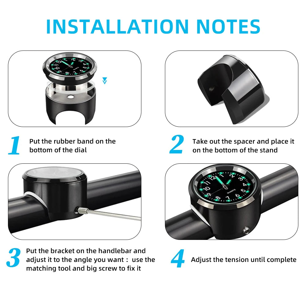 Aluminum Luminous Quartz Watch 22-25mm Motorcycle Scooter Bicycle Handlebar Mount Clock Time Display Clock Moto Accessories Beauty World Shop