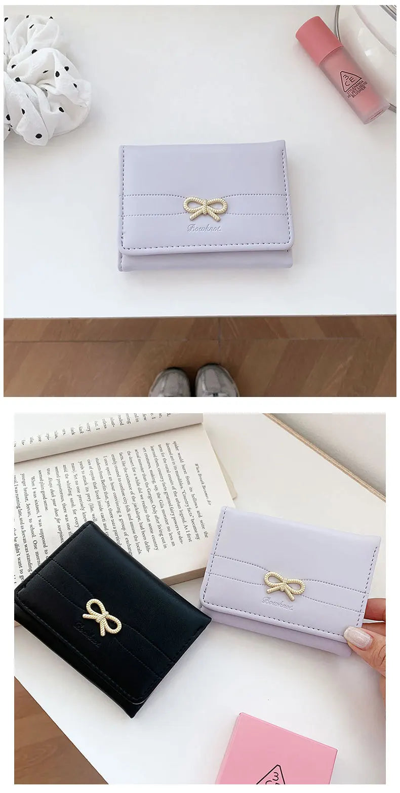 Fashion Wallets Girls Cute Bow Small Wallet Aesthetic Card Holder Classic Three Fold Purse For Women Student Simple Coin Pouch Beauty World Shop