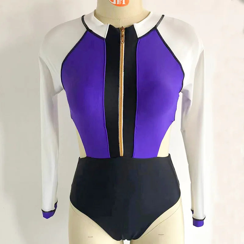New Patchwork One-Piece Swimsuit Long Sleeve Swimwear Sports Backless Women's Swimming Bathing Suit Beach Wear Bather Surfing Beauty World Shop