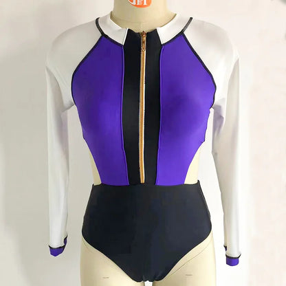 New Patchwork One-Piece Swimsuit Long Sleeve Swimwear Sports Backless Women's Swimming Bathing Suit Beach Wear Bather Surfing Beauty World Shop